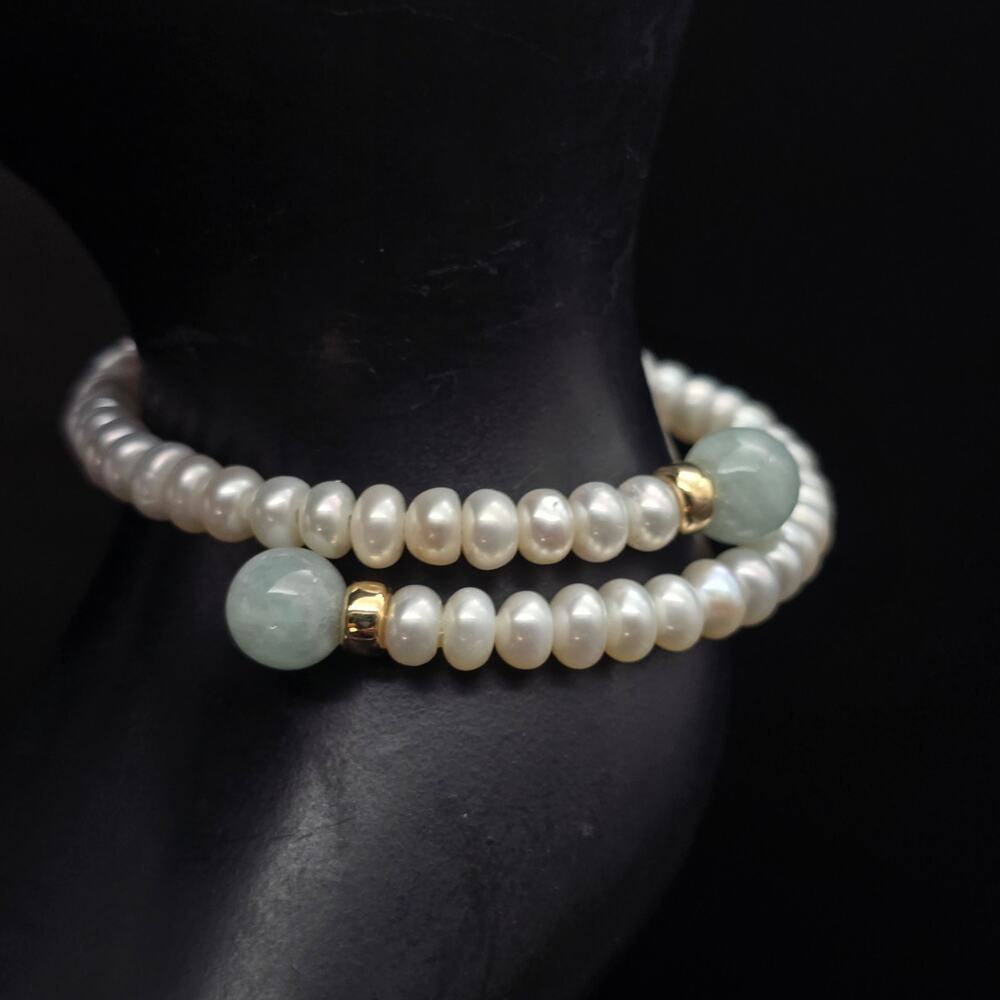 Cultured Pearl Wrap By Pass Bracelet Green Jade Bead Tips  BR302